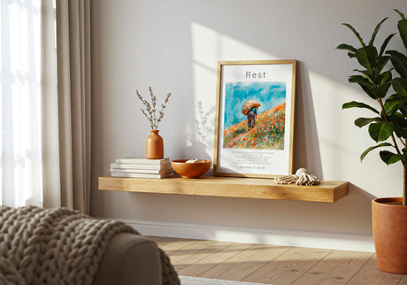 Matthew 11:28-30 - Bible verse print featuring person on hillside with colourful flowers and I will give you rest text.