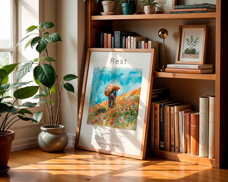Matthew 11:28-30 - Christian wall art print with figure carrying burden through wildflower field and Come To Me scripture.