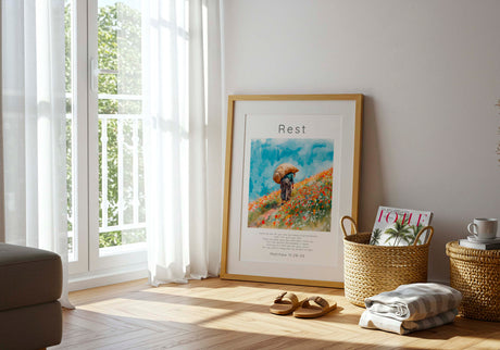 Matthew 11:28-30 - Christian home decor print showing figure with burden surrounded by orange and red wildflowers.