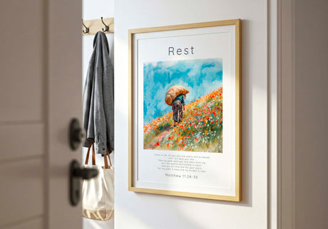 Matthew 11:28-30 - Faith wall art displaying hillside scene with vibrant florals and rest for your souls scripture.