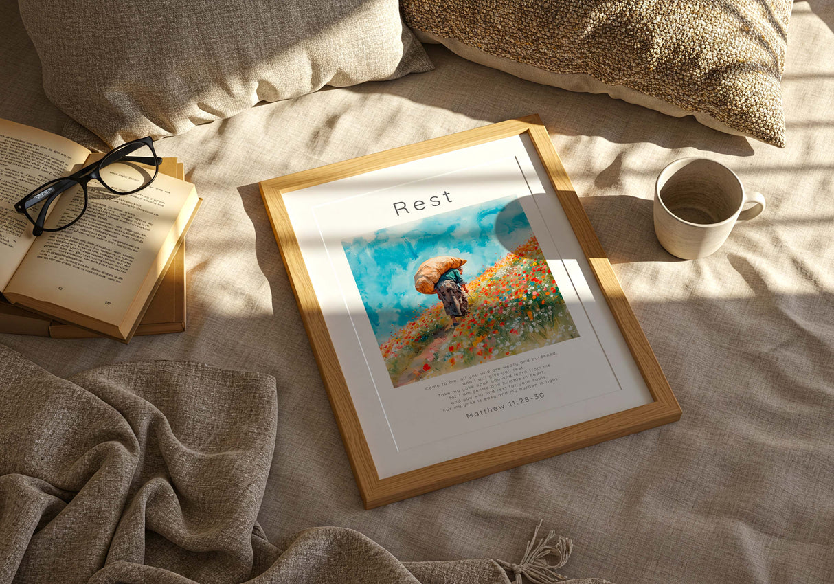 Matthew 11:28-30 - Bible verse wall art showing person among colourful flowers with gentle burden message.