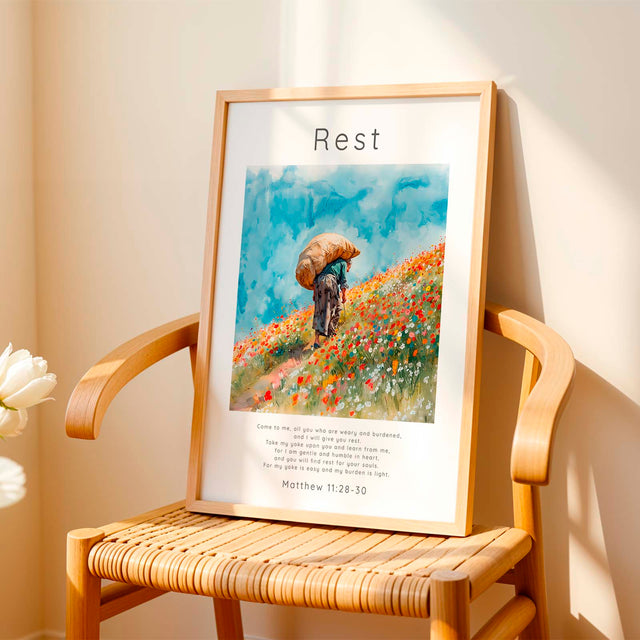 Matthew 11:28-30 - Christian gift print with hillside wildflowers and I will give you rest scripture text.