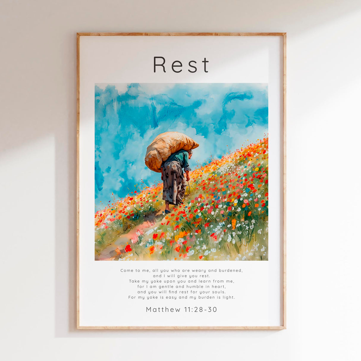 Matthew 11:28-30 - Rest scripture art featuring figure in flower field with comforting Matthew Bible verse.