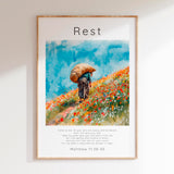 Matthew 11:28-30 - Rest scripture art featuring figure in flower field with comforting Matthew Bible verse.