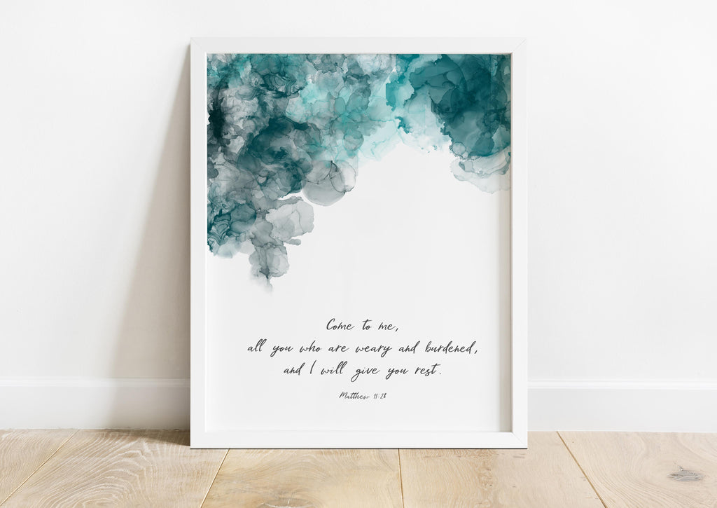 Restful Wall Art in Turquoise and Black Palette, Biblical Quote in Elegant Turquoise Ink, Christian Home Decor with Matthew 11:28