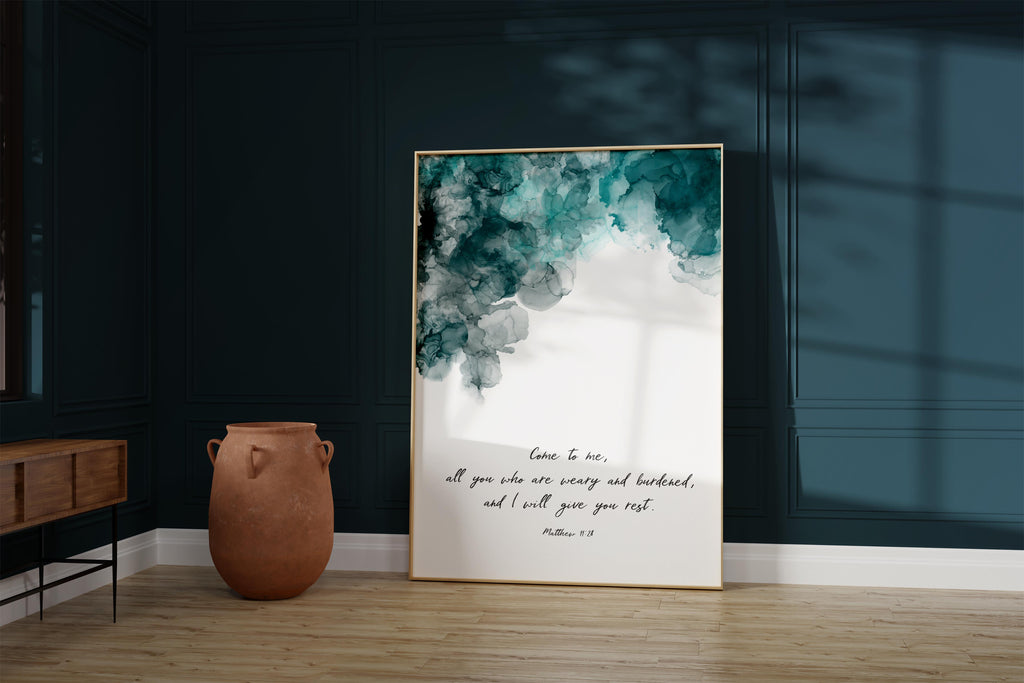 Turquoise and Black Ink Print with Biblical Quote, Matthew 11:28 Wall Art in Turquoise and Black, Turquoise and Black Quote Artwork