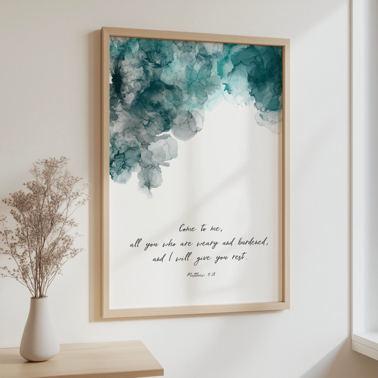 Christian scripture print with bold turquoise swirls and Matthew 11:28 encouraging comfort and peace.
