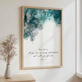 Christian scripture print with bold turquoise swirls and Matthew 11:28 encouraging comfort and peace.