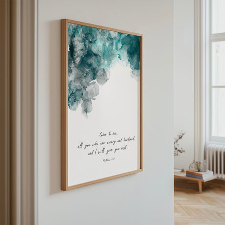 Matthew 11:28 turquoise and black ink wall art reminding the weary of Christ’s promise of rest.