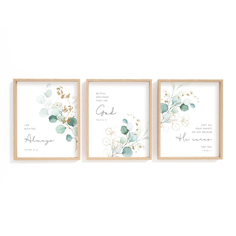 Christian wall art trio with calming eucalyptus botanical designs and comforting verses for encouragement and spiritual reassurance.