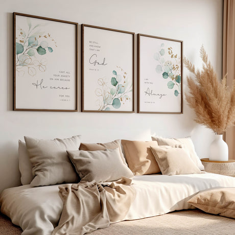 Set of three faith-based prints with minimalist greenery and inspirational Bible quotes offering peace, hope, and God's presence.