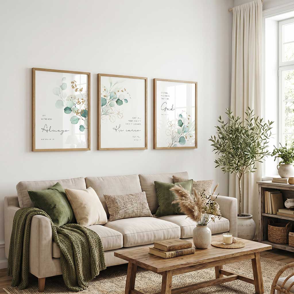 Botanical Bible verse print set of 3 featuring eucalyptus leaves and scriptures from Matthew 28:20, 1 Peter 5:7, and Psalm 46:10.