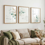 Botanical Bible verse print set of 3 featuring eucalyptus leaves and scriptures from Matthew 28:20, 1 Peter 5:7, and Psalm 46:10.