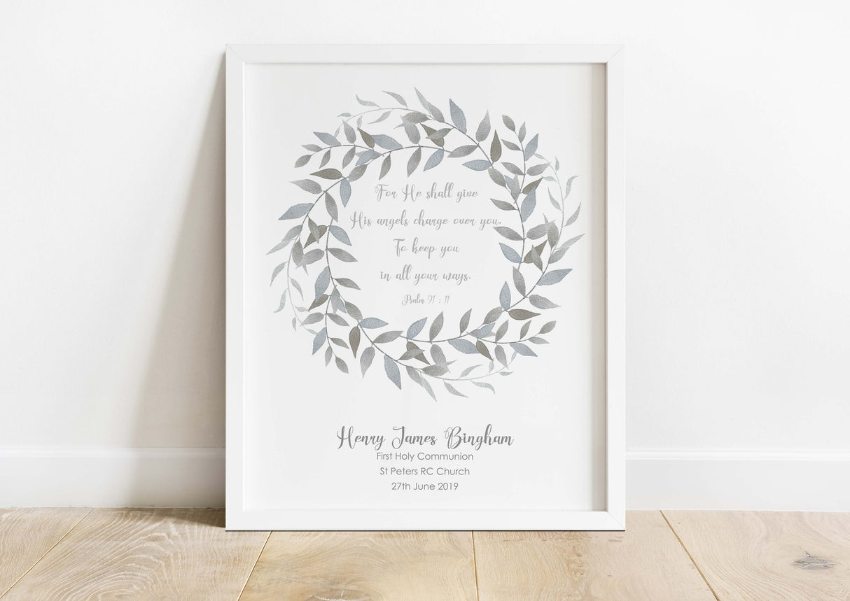 Psalm 91 leafy wreath print for spiritual spaces, Muted tones Psalm 91 wall print, Religious gift with angelic guidance quote