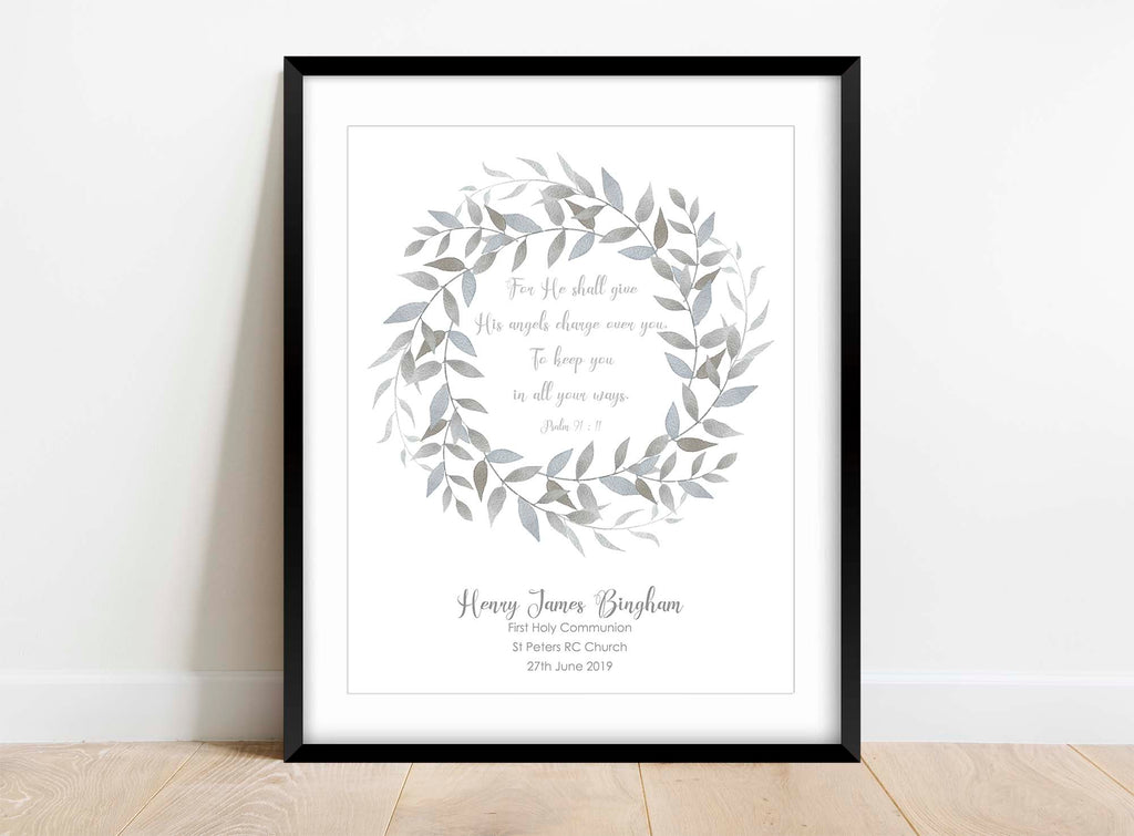 Psalm 91:11 inspirational scripture print, Elegant religious wall hanging with angelic charge, Meaningful biblical quote