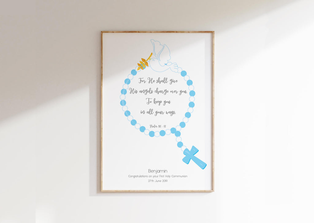 Blue rosary beads Communion gift for boys with personalisation, Unique rosary bead Communion print, Custom keepsake with Psalm 91