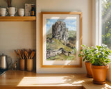 Loose watercolour and ink painting of Corfe Castle in Dorset, full of texture and soft countryside colours.