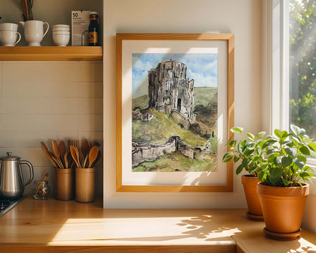 Loose watercolour and ink painting of Corfe Castle in Dorset, full of texture and soft countryside colours.