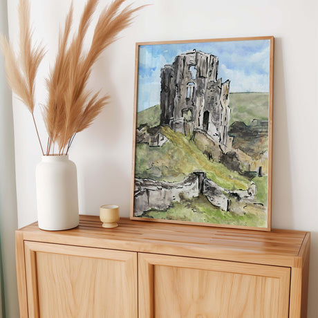 Beautiful Corfe Castle wall art in soft earth tones with expressive watercolour and ink brushwork.