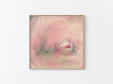 Modern abstract artwork showing a dreamy impression of a cove lit by sunset hues.