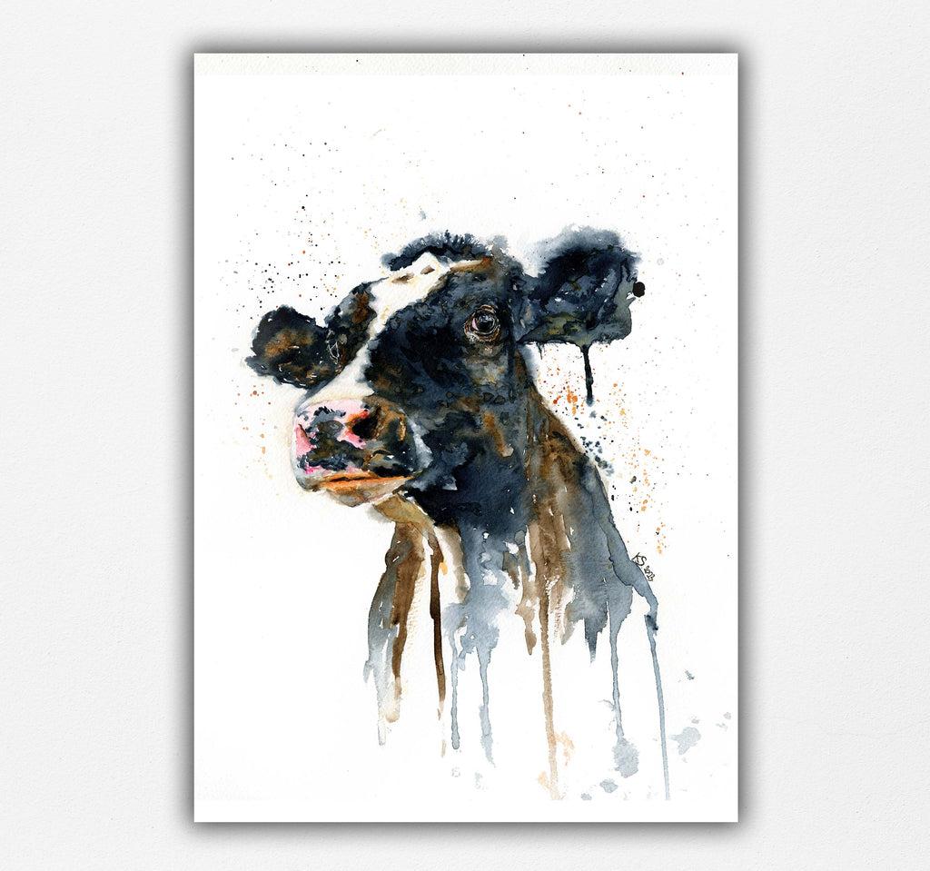 Modern farmhouse cow wall art decor, Cottage Decor, , Loose style cow painting with spatters, Watercolor cow portrait