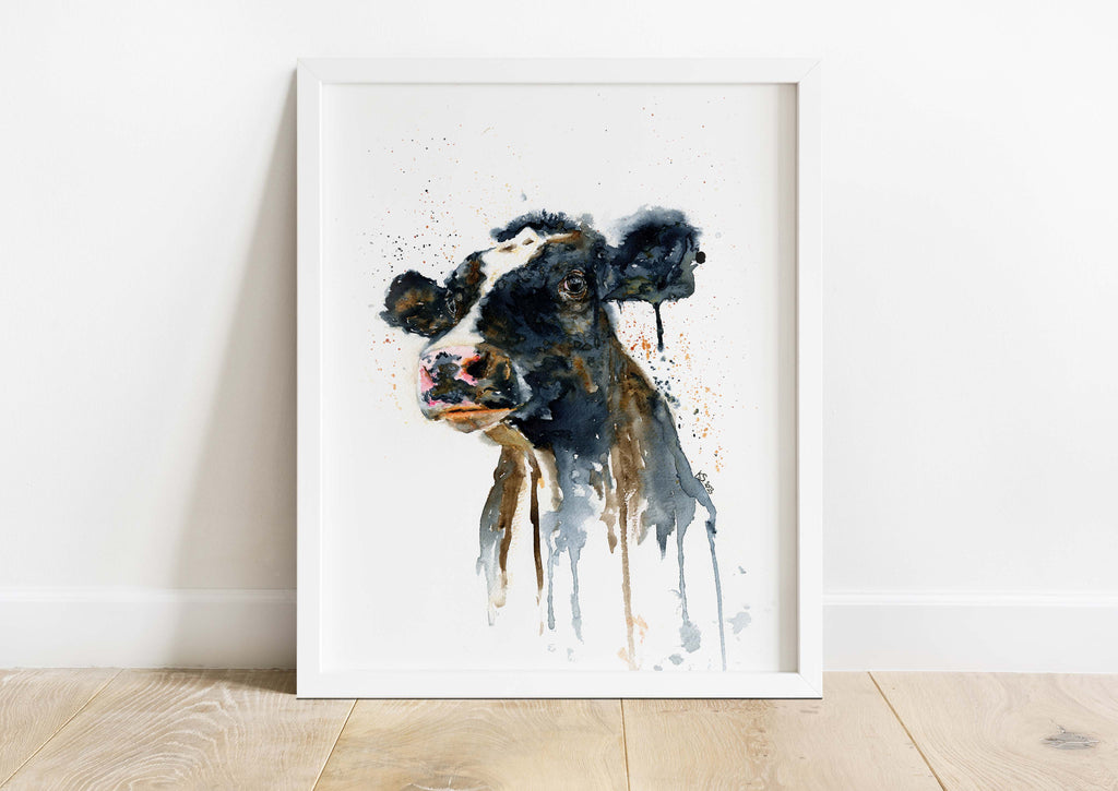 Modern farmhouse cow artwork for walls, Loose style cow portrait with splashes, Watercolor cow art with modern twist