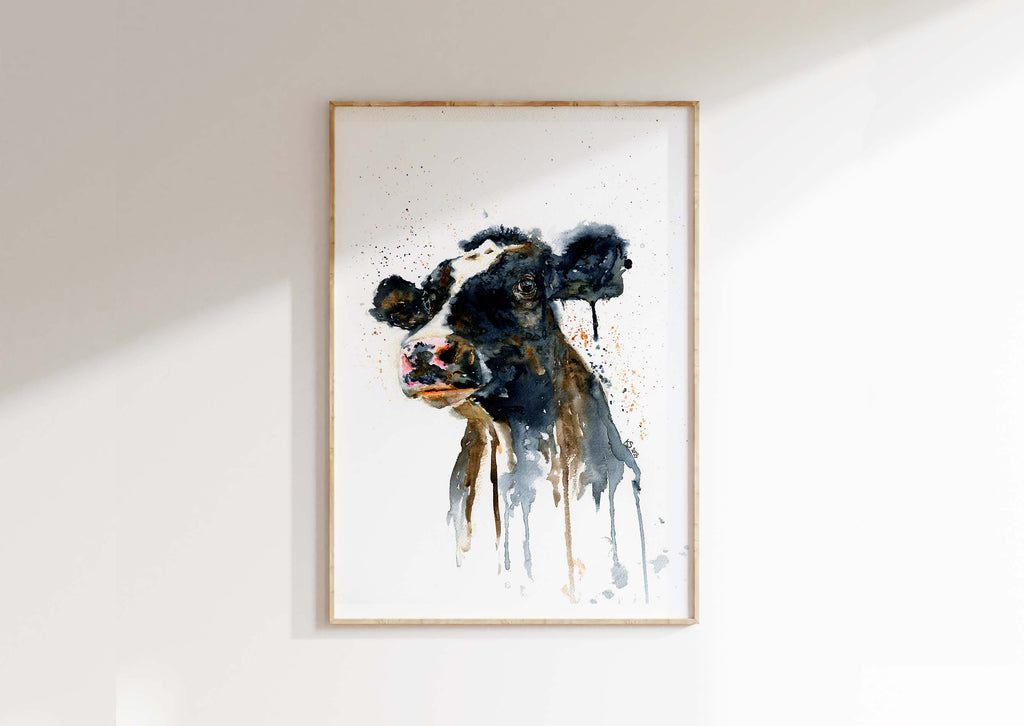 Cow Wall Art Print, Modern Farm House Decor, Country Kitchen Prints, Black and white cow portrait watercolor print