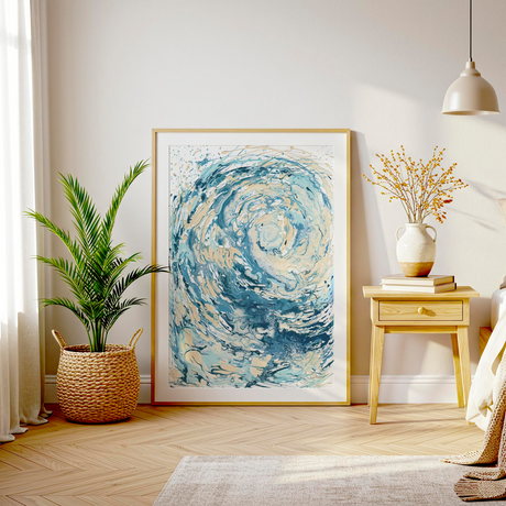 'Wave I' - Blue wave wall art in swirling fluid acrylic — crashing wave art in soft blue, deep navy and warm sandy cream, a beautiful ocean artwork and coastal decor bedroom idea, by Crafty Cow Design.