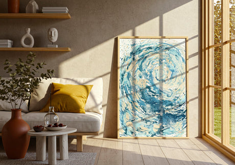 'Wave I' - A dynamic fluid acrylic crashing wave art print in soft blue and deep navy — ocean artwork and sea print for coastal decor bedroom ideas and beach lover gift ideas, by Crafty Cow Design.
