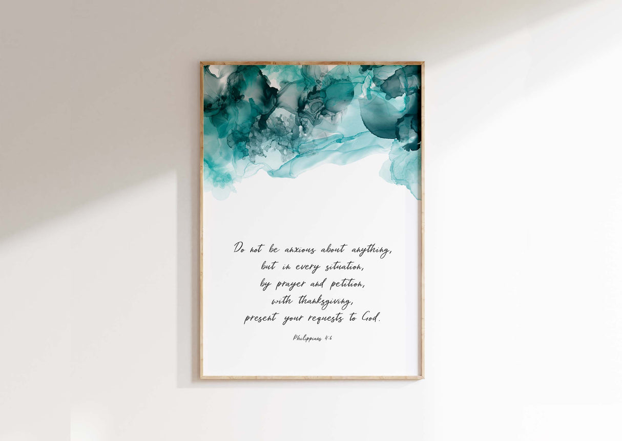 Turquoise and black abstract Christian wall art, Philippians 4:6 scripture decor in ink, ink wall art for calming prayer space