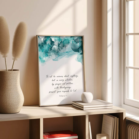 Do not be anxious Bible verse art in flowing alcohol ink design for peaceful spiritual decor.
