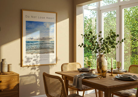 2 Corinthians 4:17 - Christian wall art print with watercolour Sandbanks beach and Do Not Lose Heart scripture.