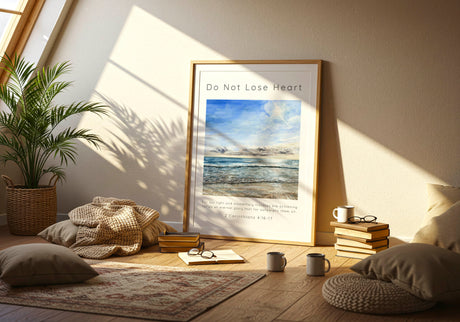 2 Corinthians 4:17 - Bible verse art featuring sunny Dorset beach scene and eternal glory scripture text.