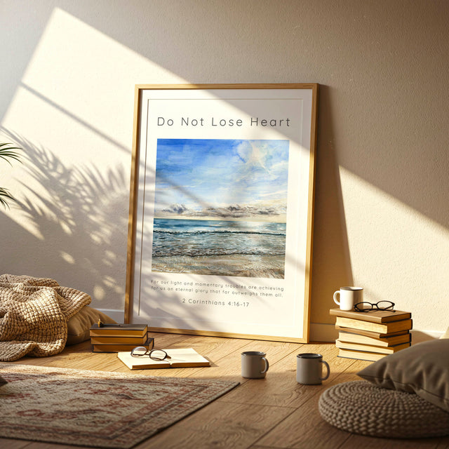 2 Corinthians 4:17 - Bible verse art featuring sunny Dorset beach scene and eternal glory scripture text.