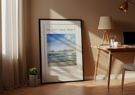 2 Corinthians 4:17 - Do Not Lose Heart scripture wall art with original watercolour coastal art.