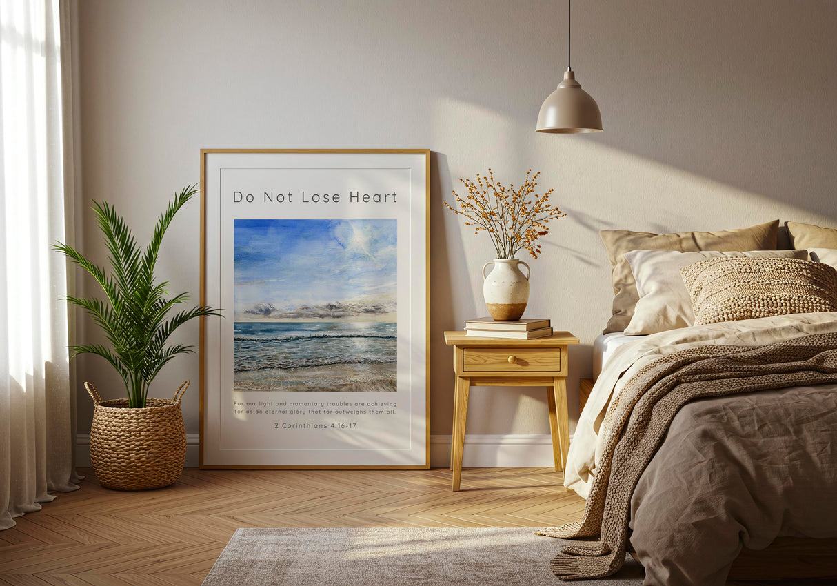 2 Corinthians 4:17 - Christian prints with hand-painted beach scene and light momentary troubles verse.