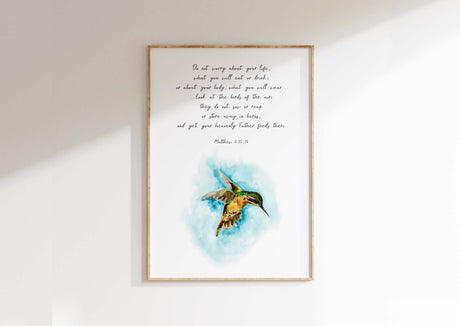Inspirational Christian wall art with Matthew 6:25-26 scripture and hummingbird illustration in calming style.