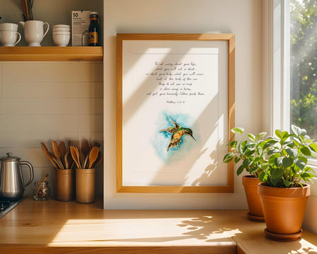Faith-inspired print with Matthew 6:25-26 verse and beautiful hummingbird artwork for home decor.