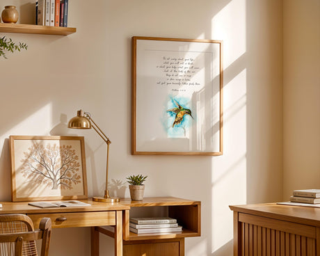 Look At The Birds Of The Air Bible verse print featuring a watercolour hummingbird and soft natural tones.