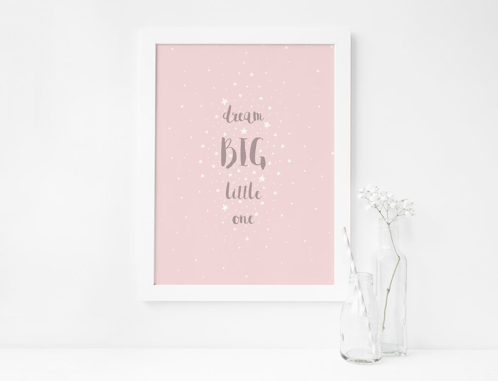 Pink and white starry nursery wall decor UK, Custom-made dream big little one print in dusky pink