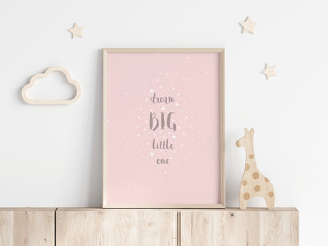 Custom-designed pink and grey starry quote print, Personalised nursery decor with dream big little one quote