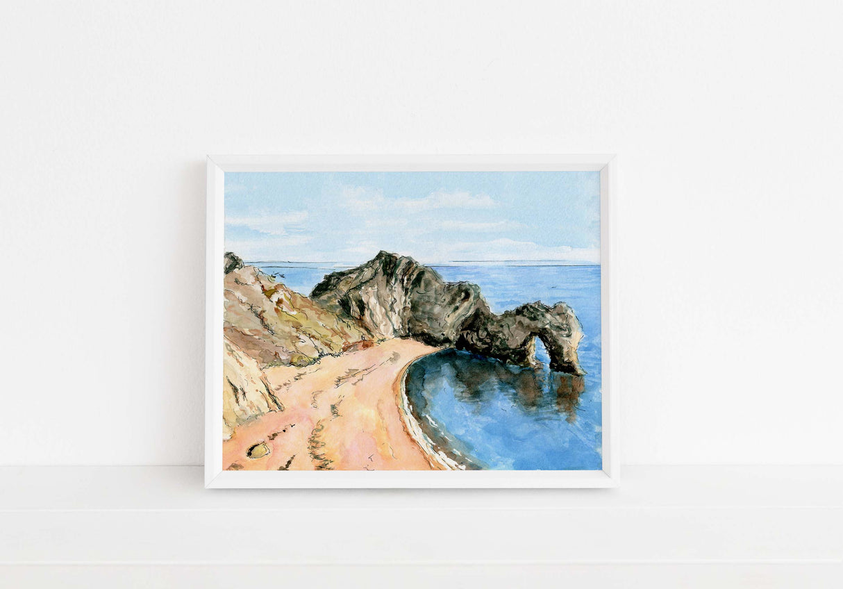 Watercolor seascape of Durdle Door arch, Artistic depiction of Durdle Door beach scene, south coast path dorset wall art print