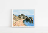 Watercolor seascape of Durdle Door arch, Artistic depiction of Durdle Door beach scene, south coast path dorset wall art print