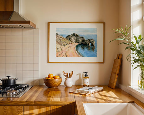 Loose style watercolour and ink painting of Durdle Door on Dorset’s Jurassic Coast.