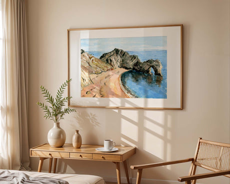 Contemporary Durdle Door art print capturing iconic limestone arch and sea.