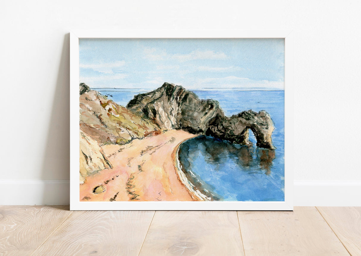 Jurassic Coast watercolour art print, Durdle Door coastal landscape painting, Dorset natural landmark wall decor