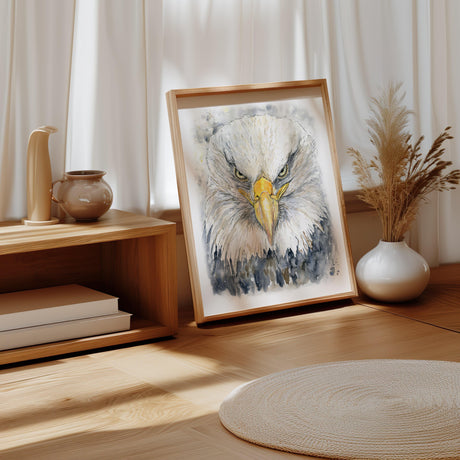 Watercolour art of a proud bald eagle against a soft, neutral background.