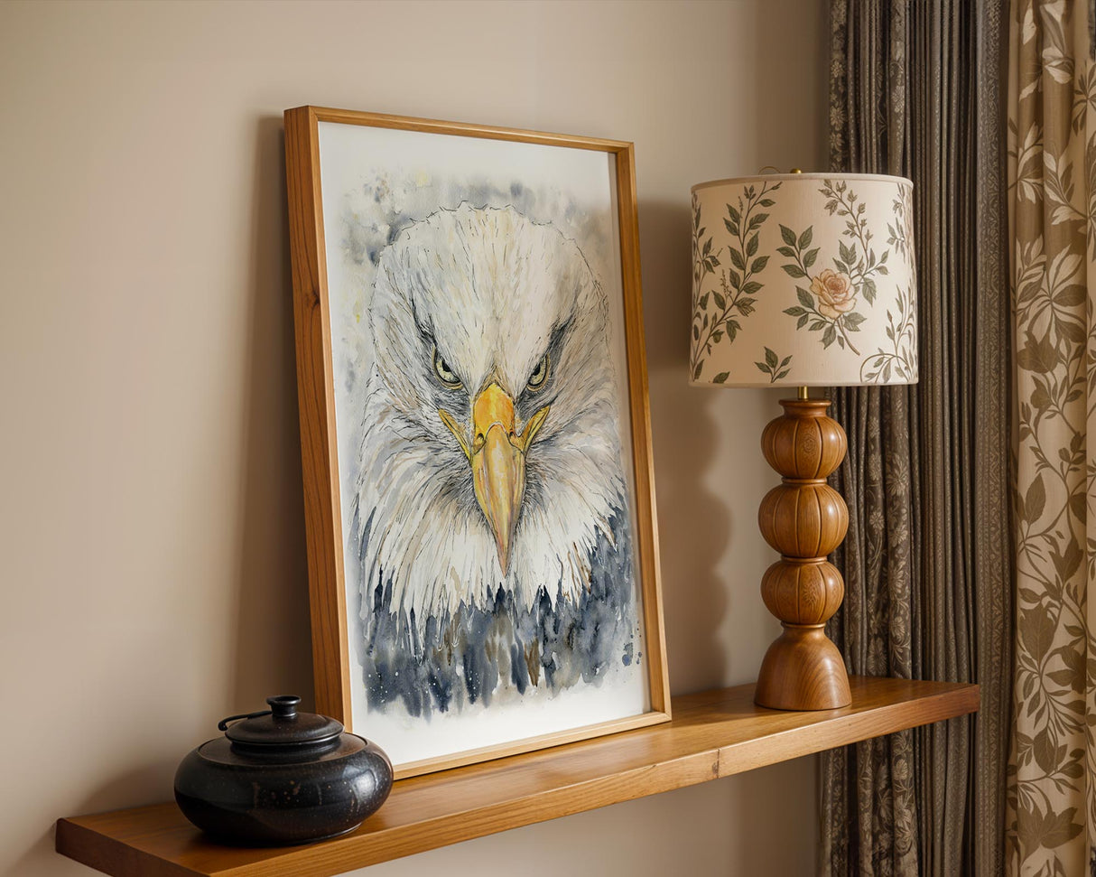 Watercolour painting of a bald eagle with detailed feathers and a piercing gaze.