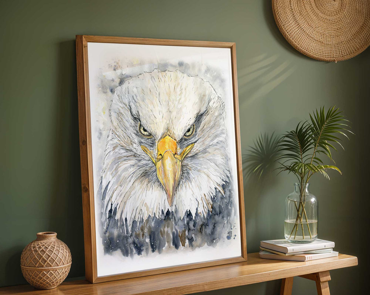 Majestic bald eagle watercolour print with natural brown, white, and yellow tones.