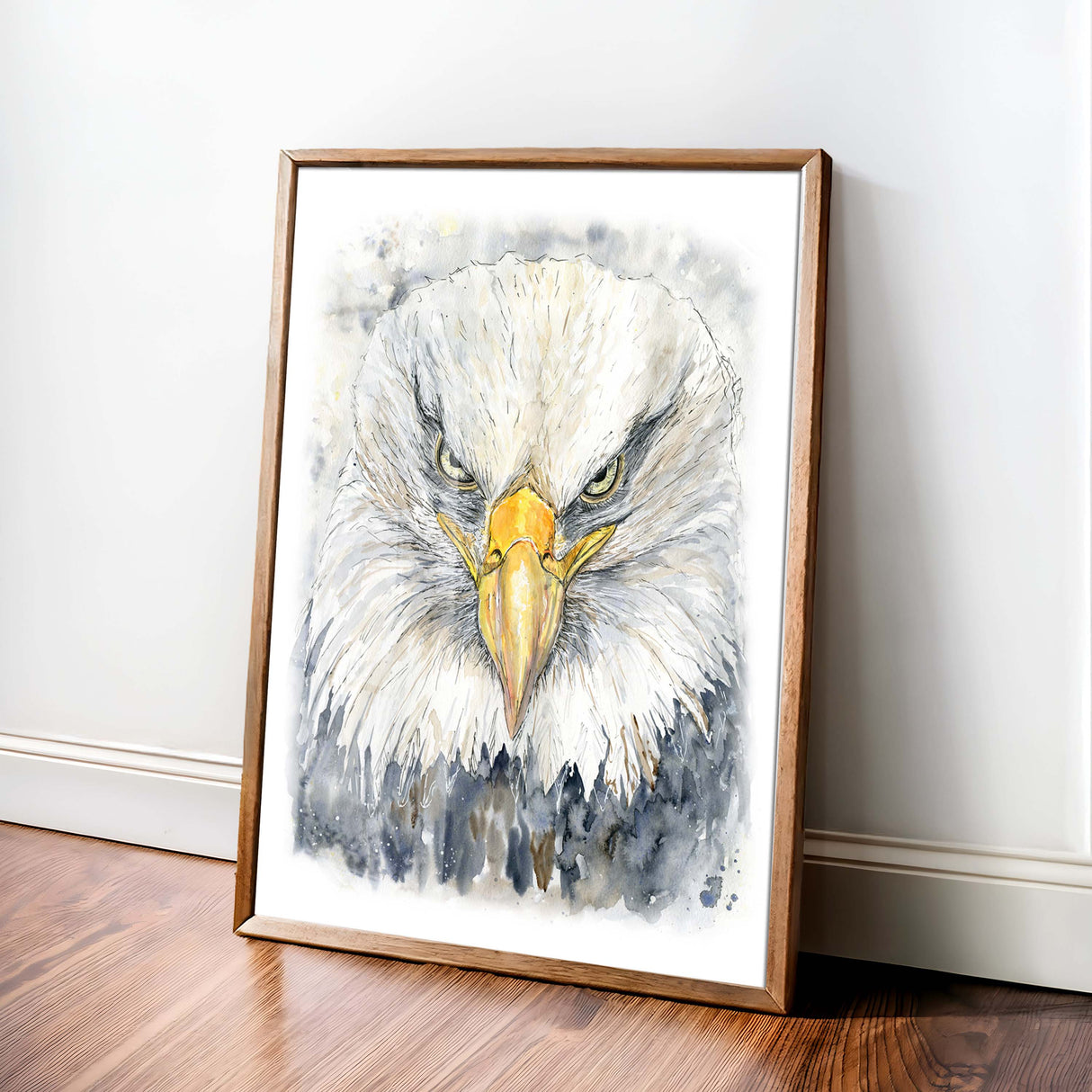 Realistic bald eagle portrait painted in expressive watercolour on paper.
